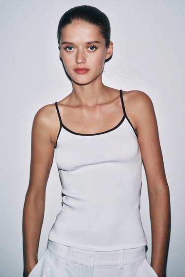 Zara CONTRAST TANK TOP - Brown / White