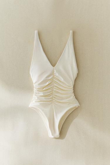 Zara GATHERED BEACH SWIMSUIT - Ecru