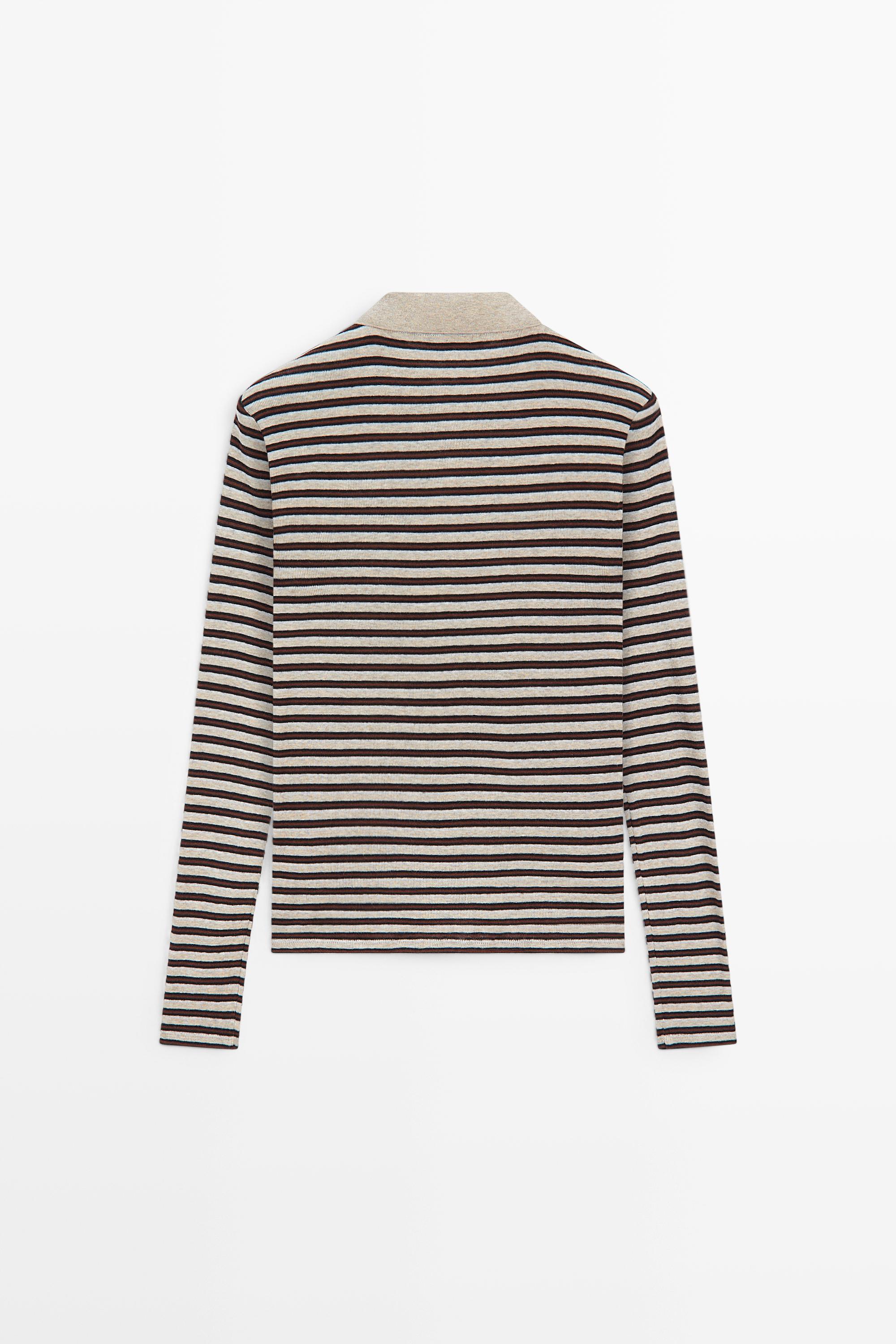 Long sleeve striped wool-blend polo
