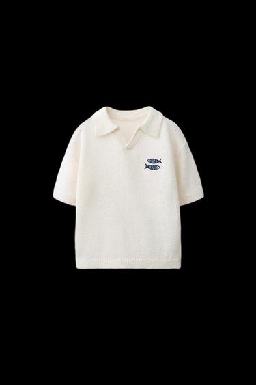 Zara EMBROIDERED FISH POLO SHIRT - Ecru