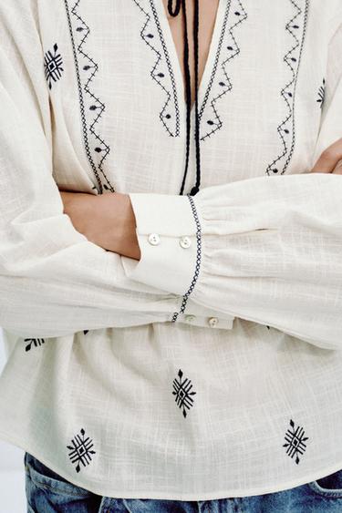 RUSTIC EMBROIDERED BLOUSE - White / Navy by Zara - Image 4