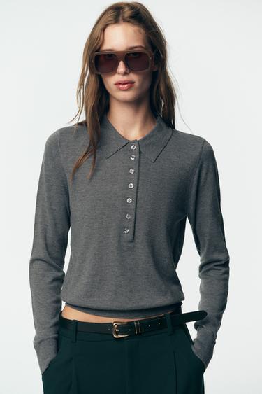 Zara PLAIN KNIT POLO SWEATER - Gray marl