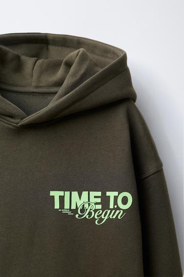 RAISED SLOGAN PRINT HOODIE - DARK KHAKI by Zara - Image 2