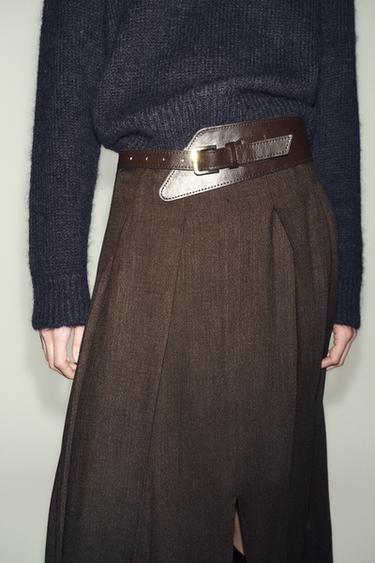 JUPE MI-LONGUE CEINTURE - Marron de Zara - Image 3