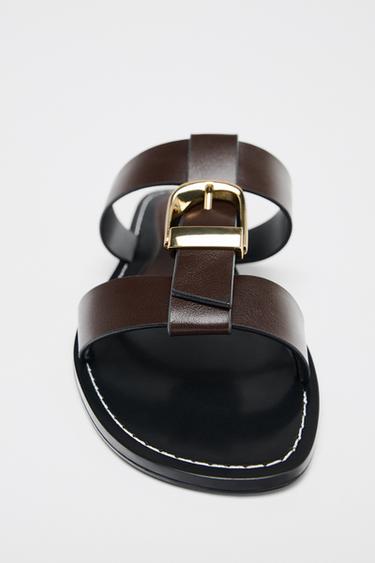 DOUBLE-STRAP FLAT SANDALS WITH BUCKLE - Brown by Zara - Image 5