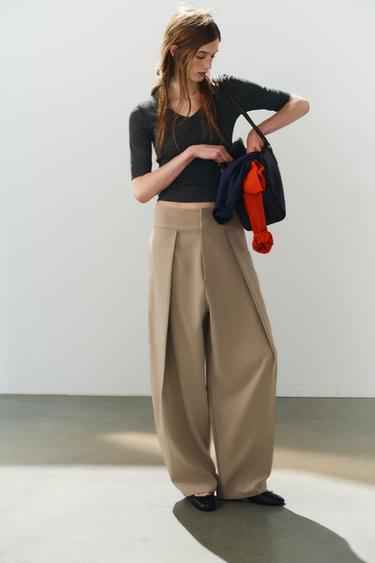 Zara PLEATED BALLOON PANTS - Light camel