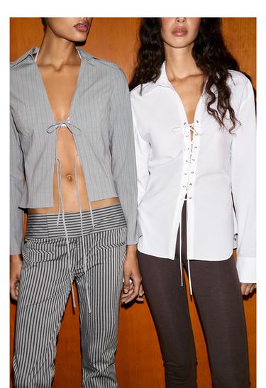 CĂMAȘĂ CU DUNGI ȘI LEGĂTURI - Gri melanj de la Zara