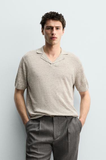 Zara 100% LINEN REGULAR FIT KNIT POLO SHIRT - Gray marl