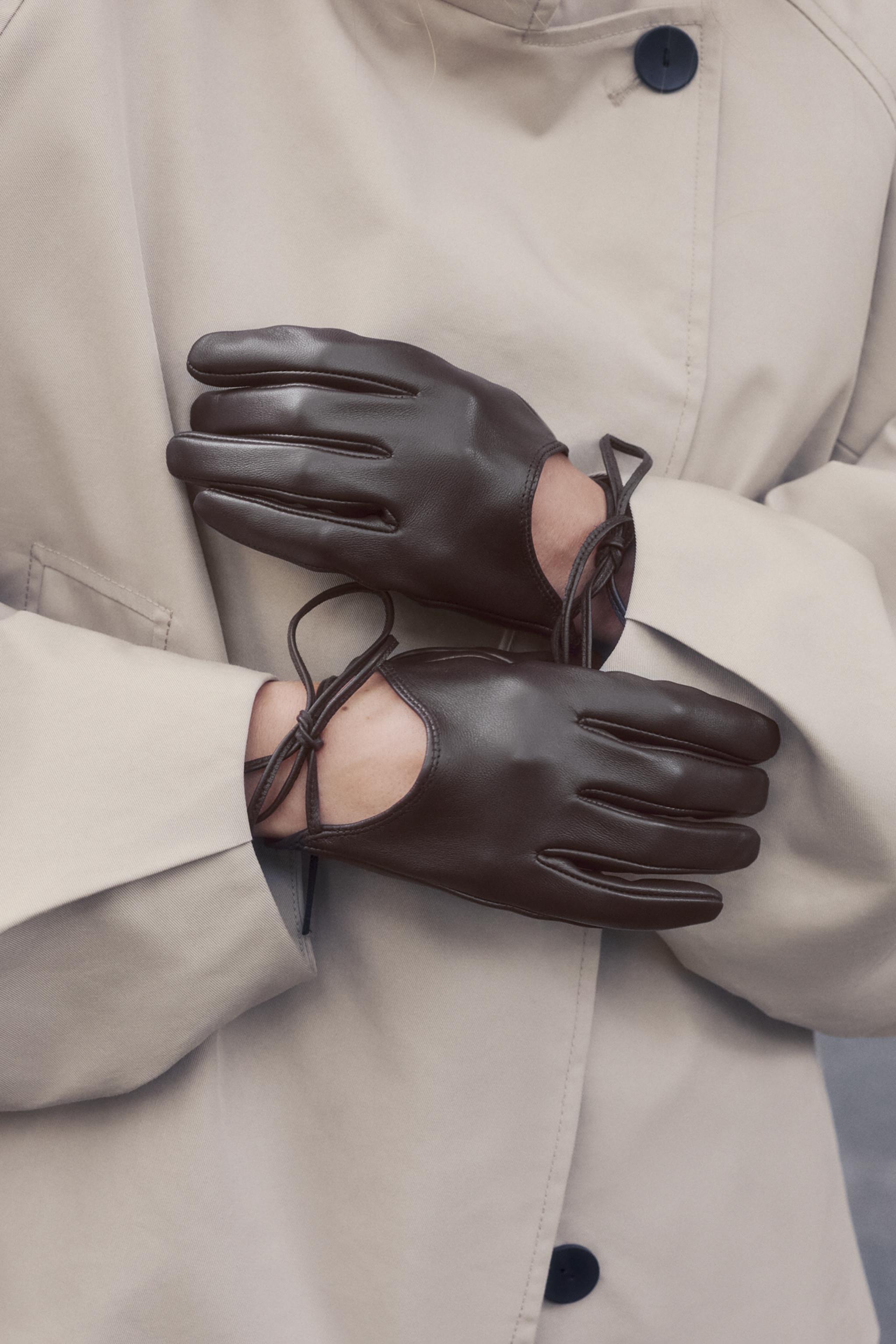 100% LEATHER SHORT GLOVES WITH TIE - Brown | ZARA United States
