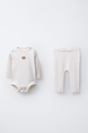 BEAR PATCH AND STRIPE BODYSUIT AND LEGGINGS PACK - Mink by Zara - Image 0