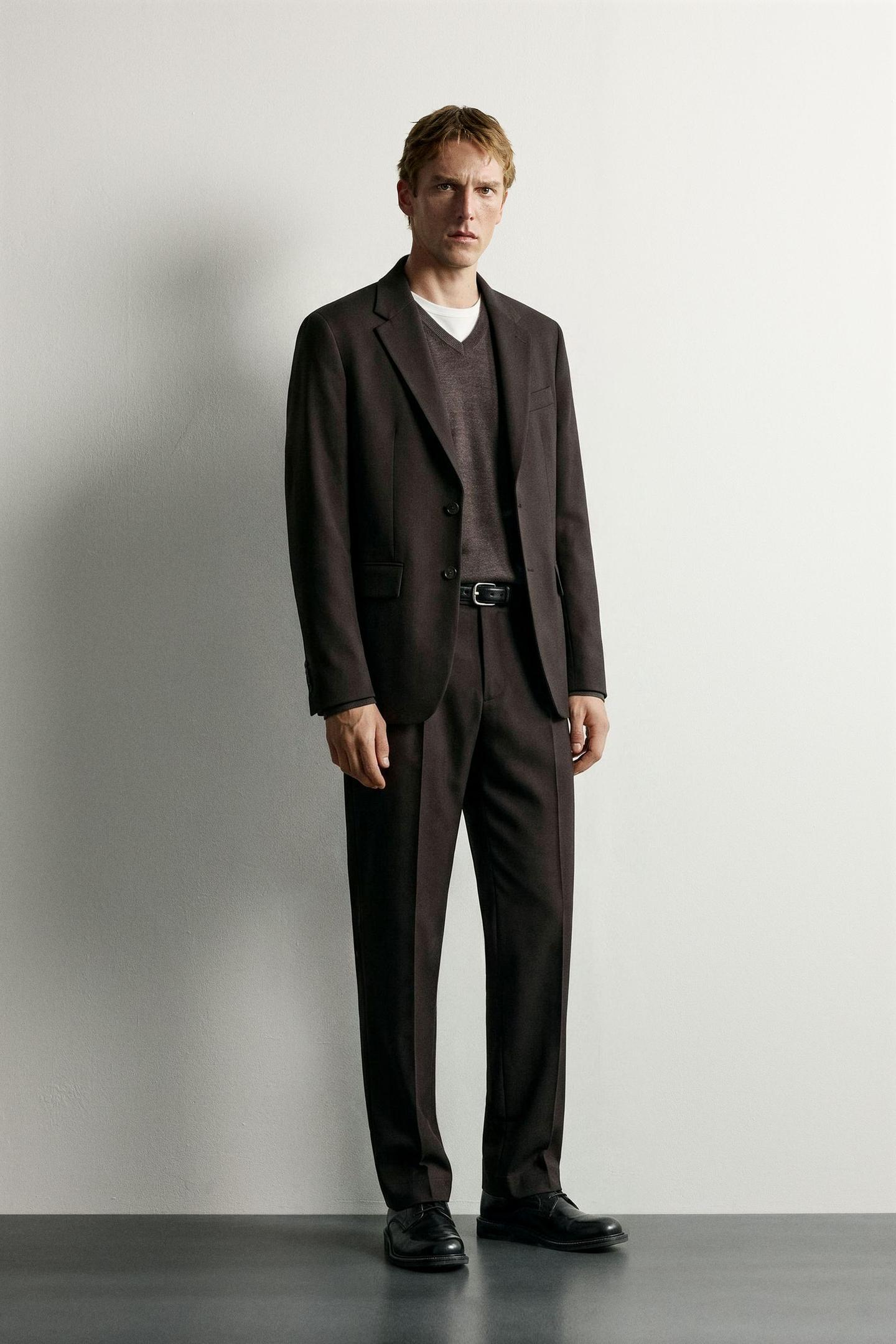 Мужской пиджак Zara Wool-Blend Suit Blazer, цвет: Коричневый — фото 4