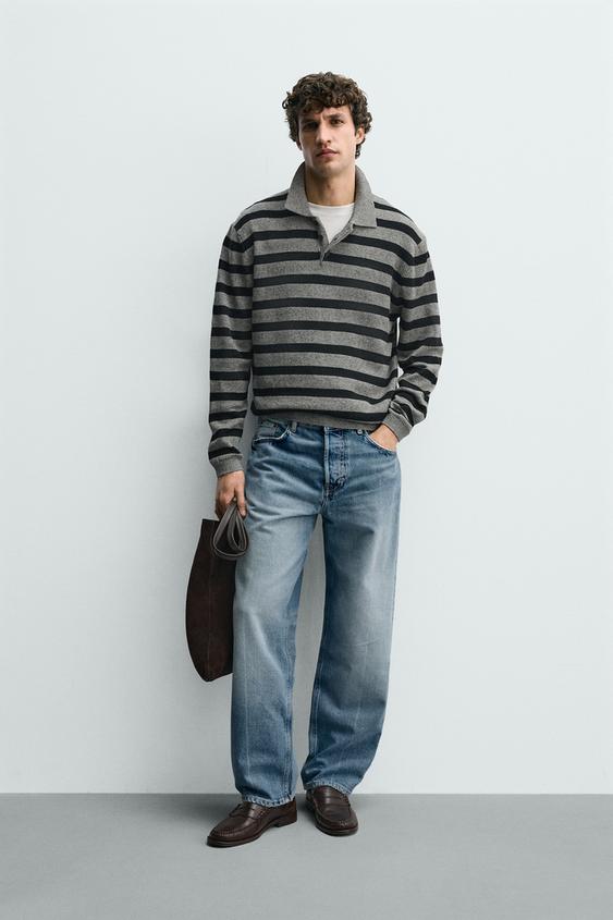 STRIPED COTTON LINEN KNIT POLO SHIRT