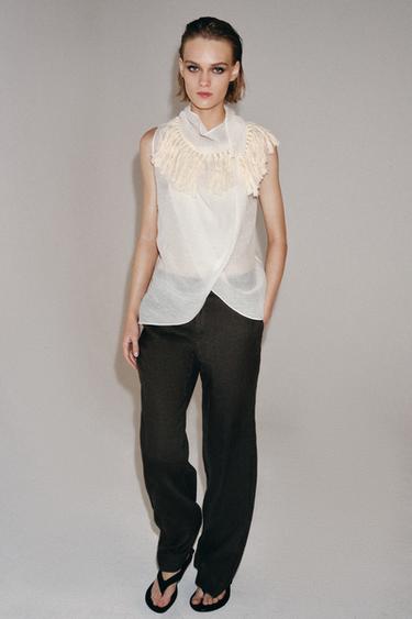 Zara FRINGED TOP ZW COLLECTION - Oyster-white - Image 0