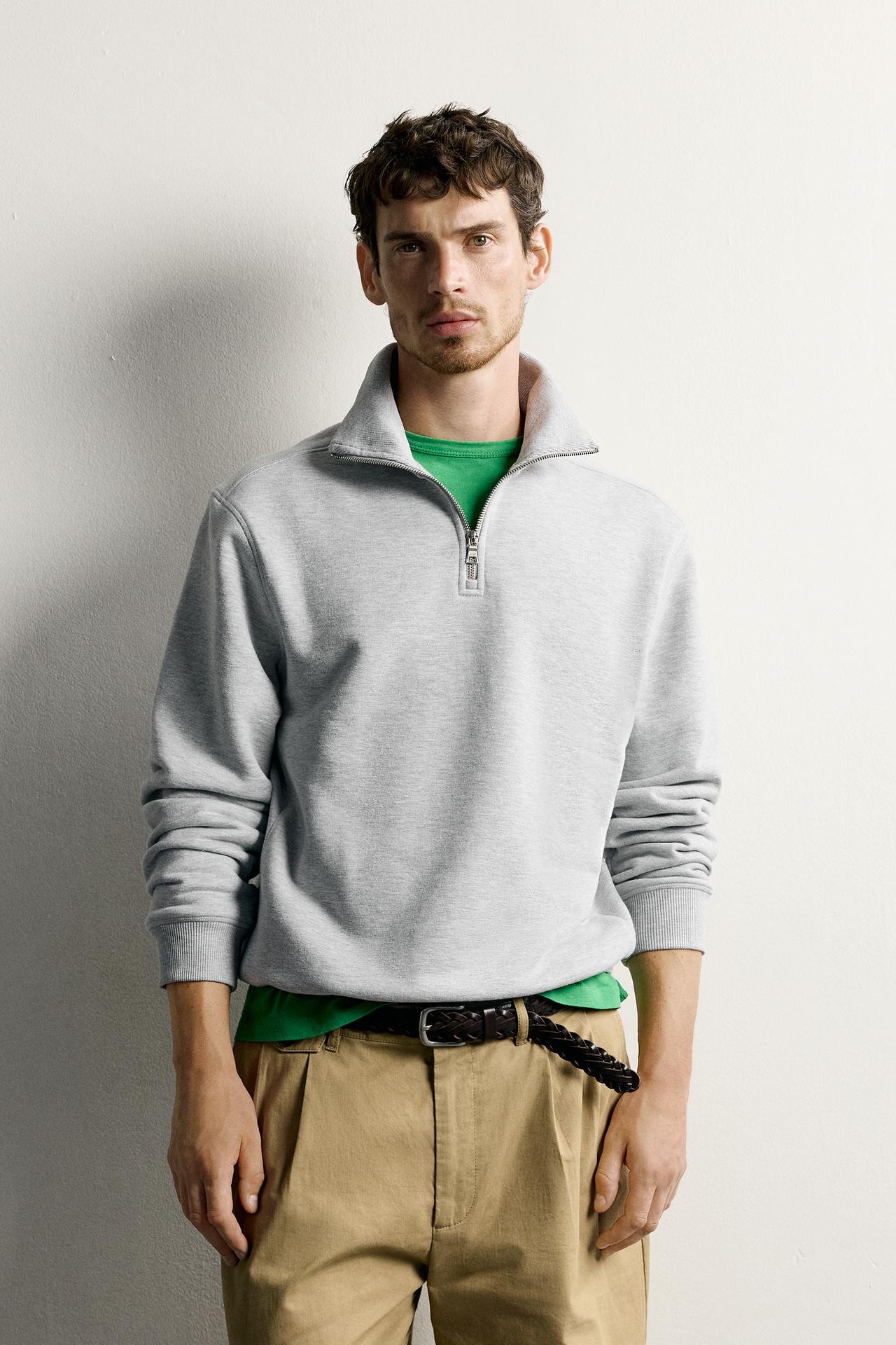 BASIC QUARTER-ZIP SWEATSHIRT — Gray marl