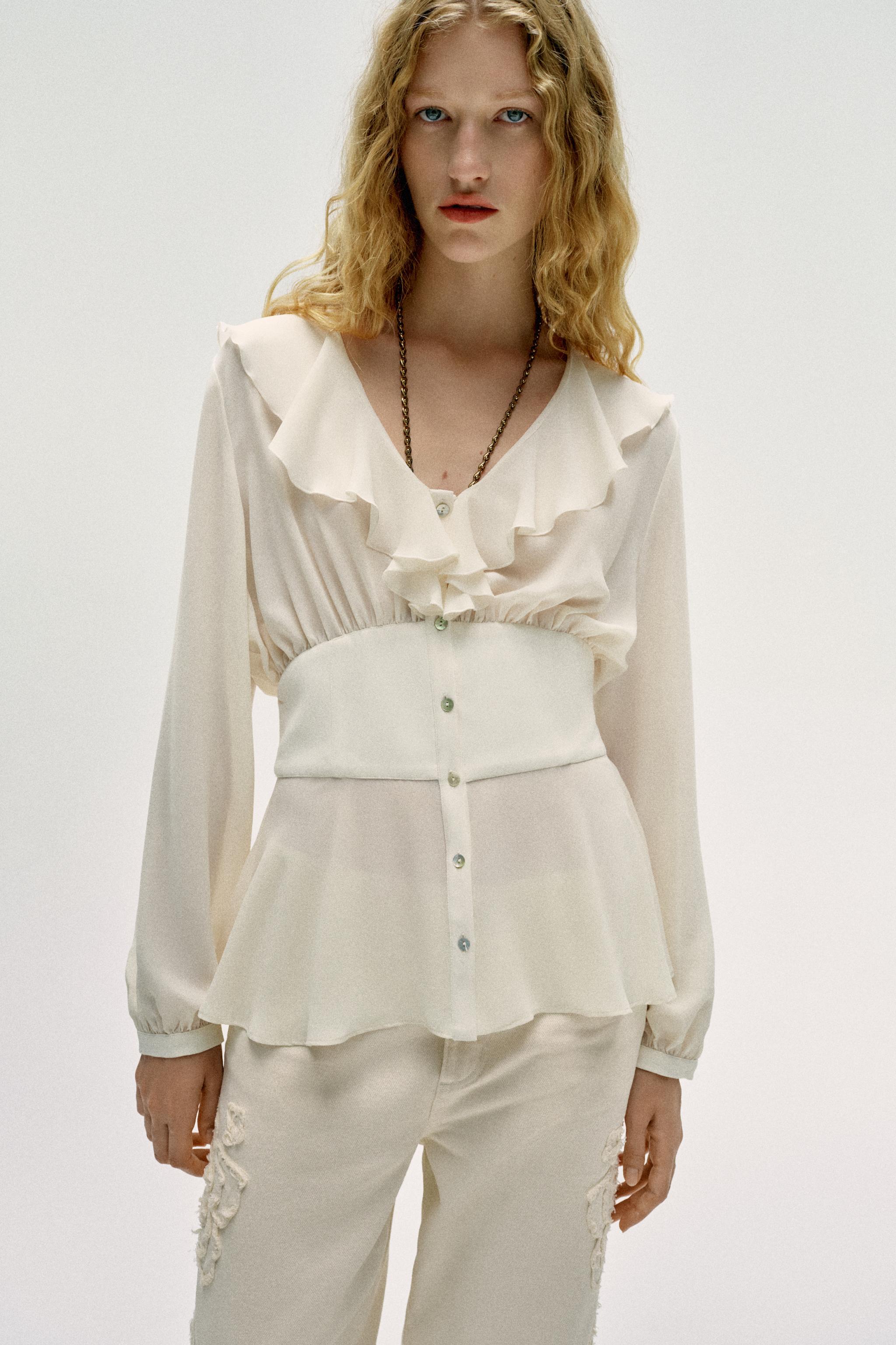 RUFFLED FITTED-WAIST SHIRT — Ecru