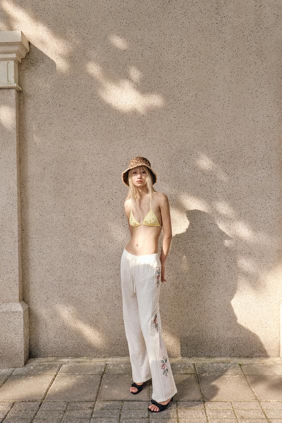 Zara 拼接側條紋直筒長褲 - 裸色 - 圖片 0
