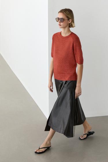 Pull en maille 100 % lin à manches courtes - Orange brûlé de Zara