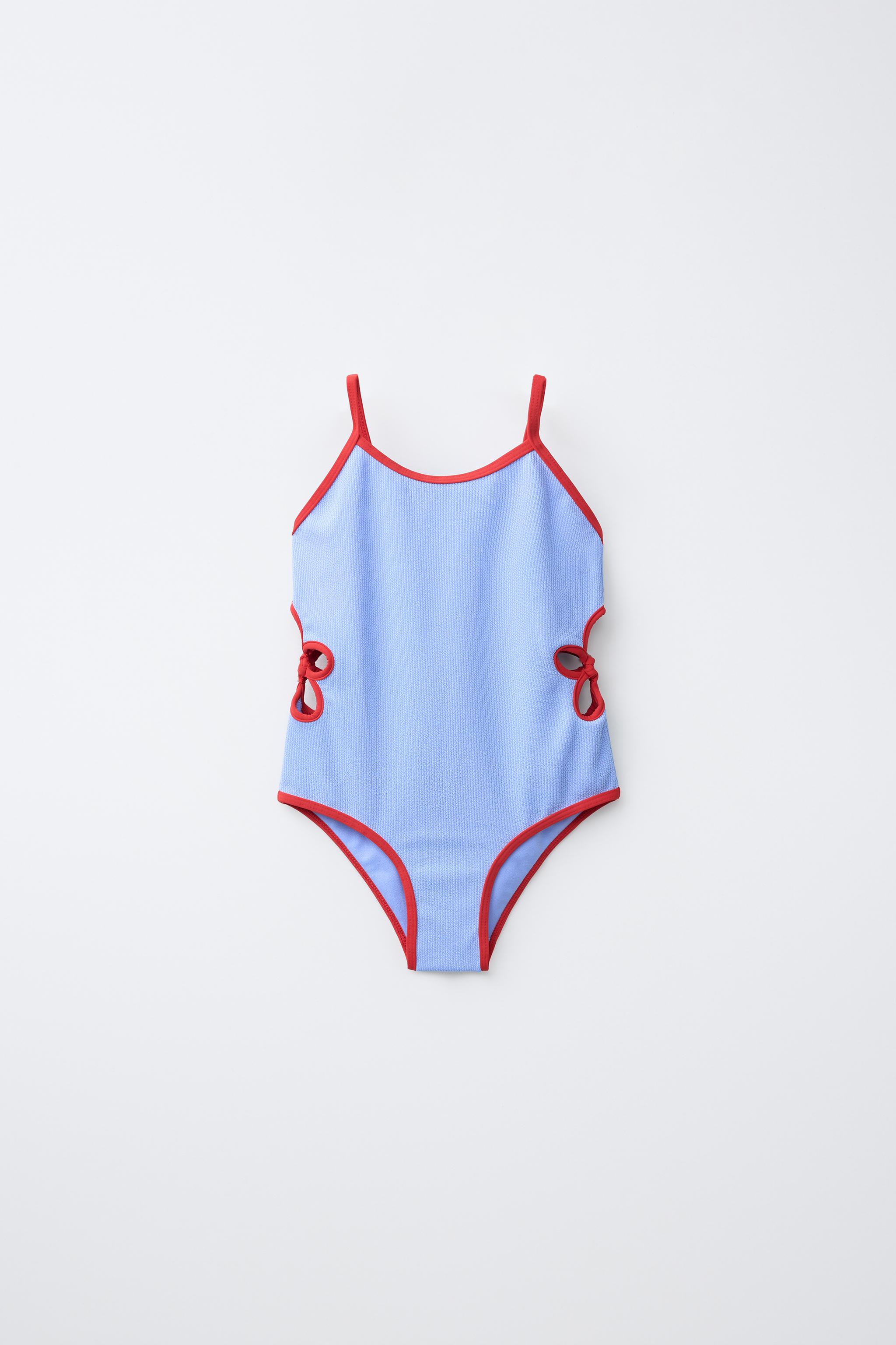 6-14 YEARS/ CONTRAST FLORAL CUTOUT SWIMSUIT — Blue