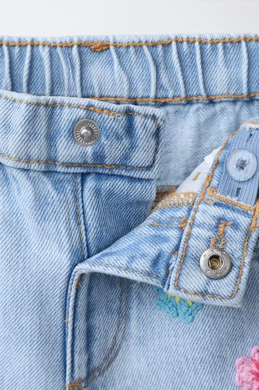 MOM FIT DENIM BERMUDA SHORTS WITH CROCHET FLOWERS - Blue by Zara - Image 2