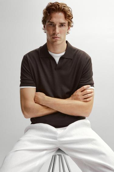 Zara Short sleeve wool blend knit polo shirt - Brown
