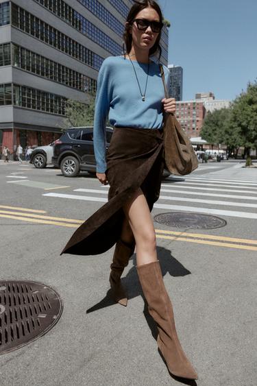100% LEATHER WRAP MIDI SKIRT - Brown by Zara - Image 2