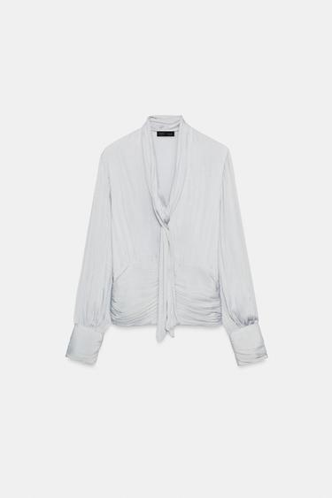 SATIN-FINISH TIE-DETAIL SHIRT - Silver by Zara - Image 0