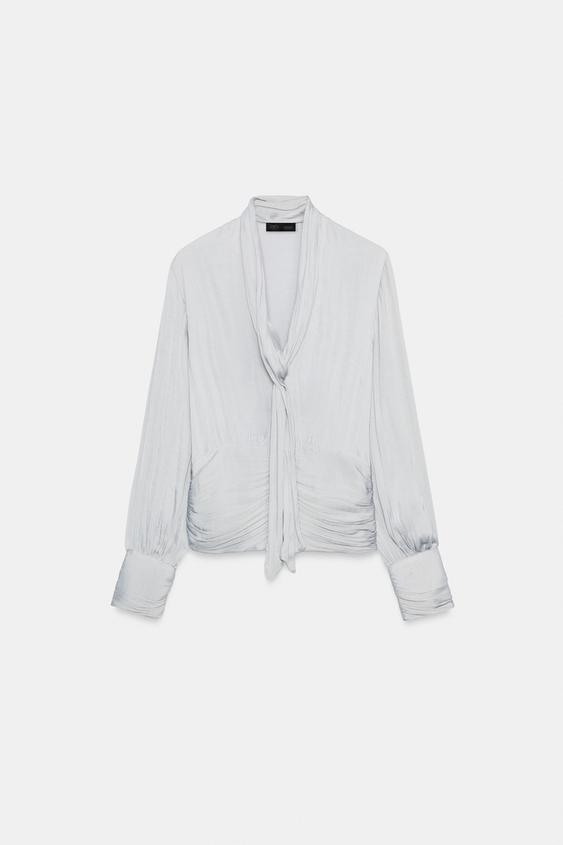 SATIN-FINISH TIE-DETAIL SHIRT - Silver by Zara - Image 0