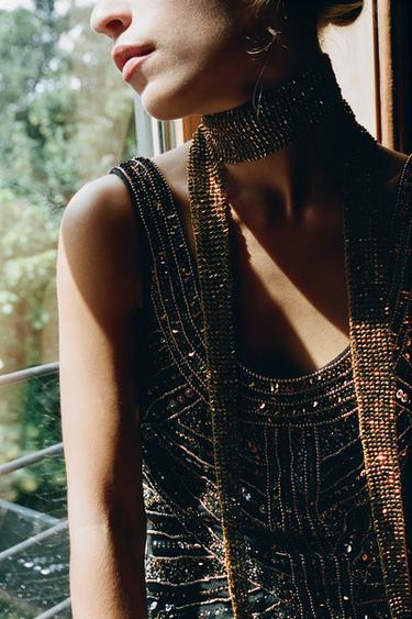 BEADED FRINGE KNIT SCARF - Gold by Zara