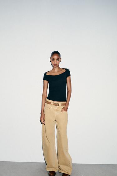 Zara SQUARE NECK T-SHIRT - Black