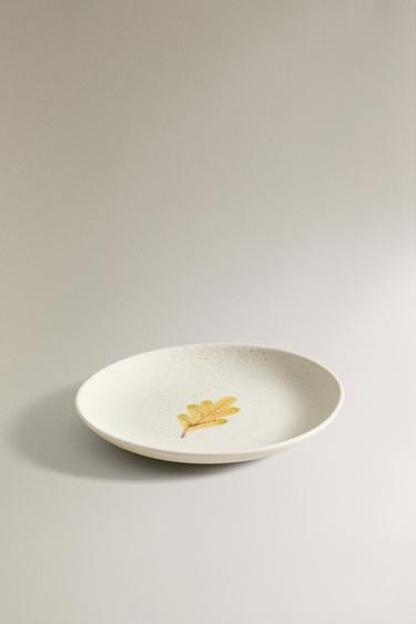 STONEWARE DESSERT PLATE WITH LEAF - Yellow by Zara - Image 1
