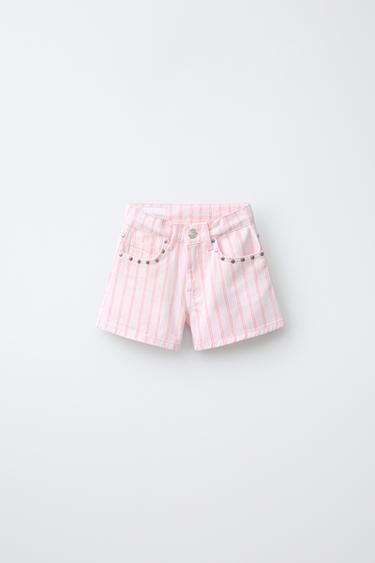 STUDDED STRIPED DENIM BERMUDA SHORTS - Pink / White by Zara