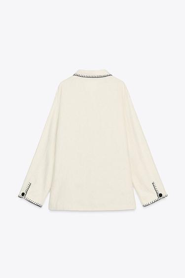 EMBROIDERED LINEN OVERSHIRT ZW COLLECTION - Oyster-white by Zara - Image 7