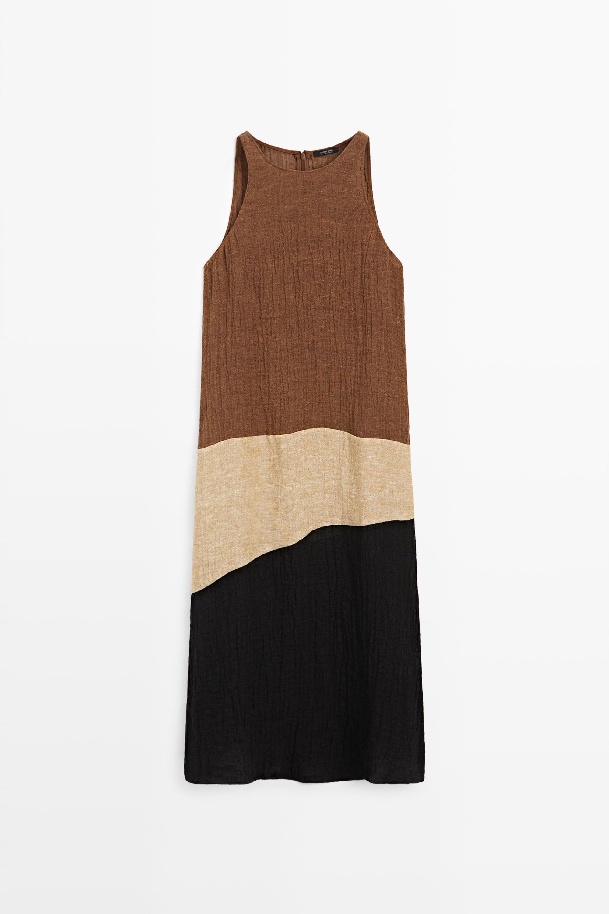 brown linen dress zara Combined linen blend midi dress - Brown