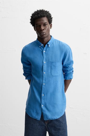 Zara 100% LINEN SHIRT - Light indigo