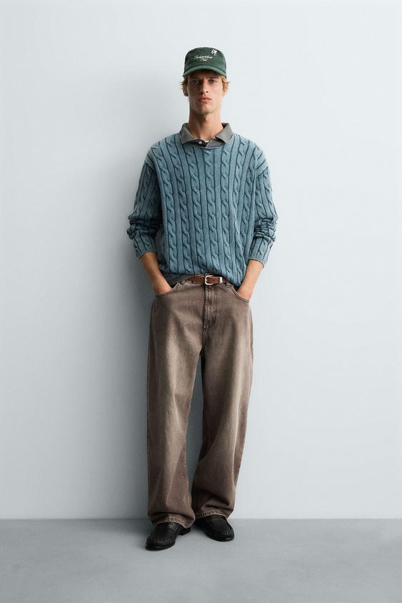 WASHED CABLE KNIT SWEATER