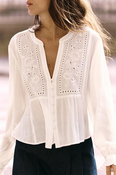 SHORT BLOUSE WITH CUTWORK EMBROIDERY - White by Zara