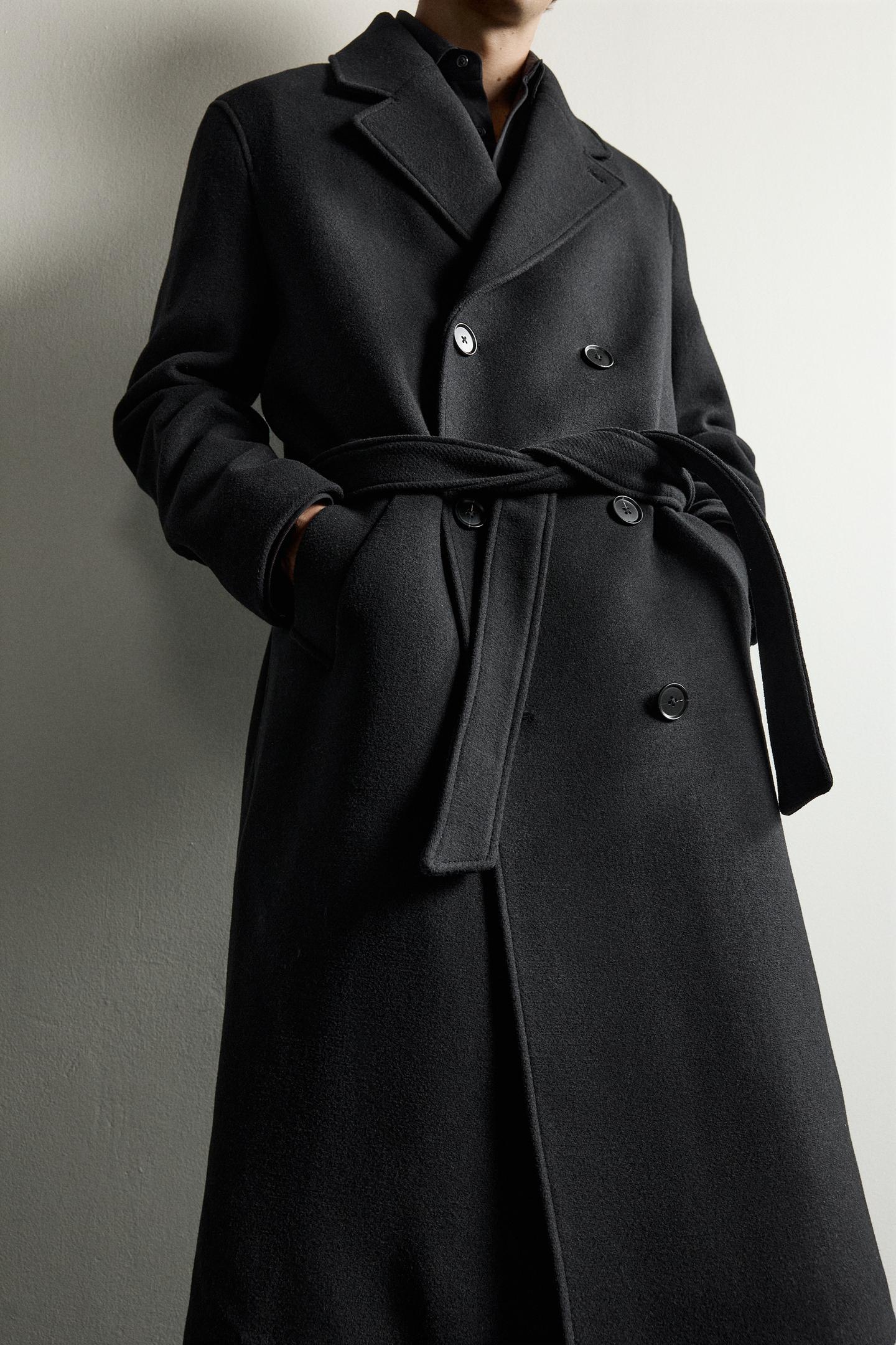 Мужское пальто Zara Wool-Blend Belted Double-Breasted, цвет: Чёрный — фото 6
