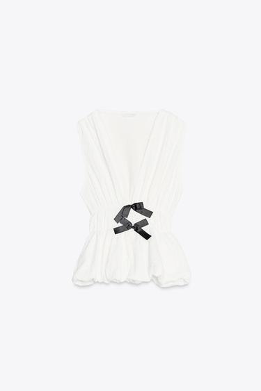 TEXTURED TOP WITH BOWS - White by Zara - Image 2