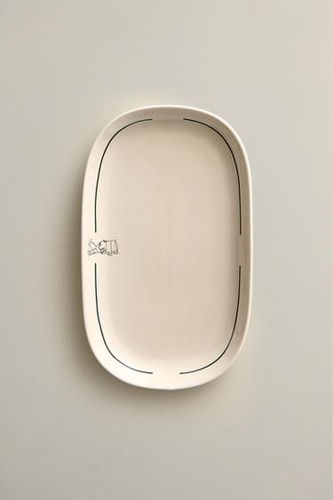 Zara STONEWARE COFFEE SHOP SERVING DISH - White / Green