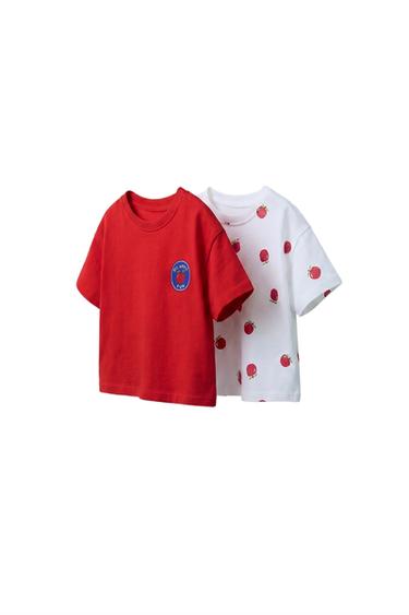 Zaras TVÅPACK ENFÄRGAD OCH MÖNSTRAD T-SHIRT - Vit/röd