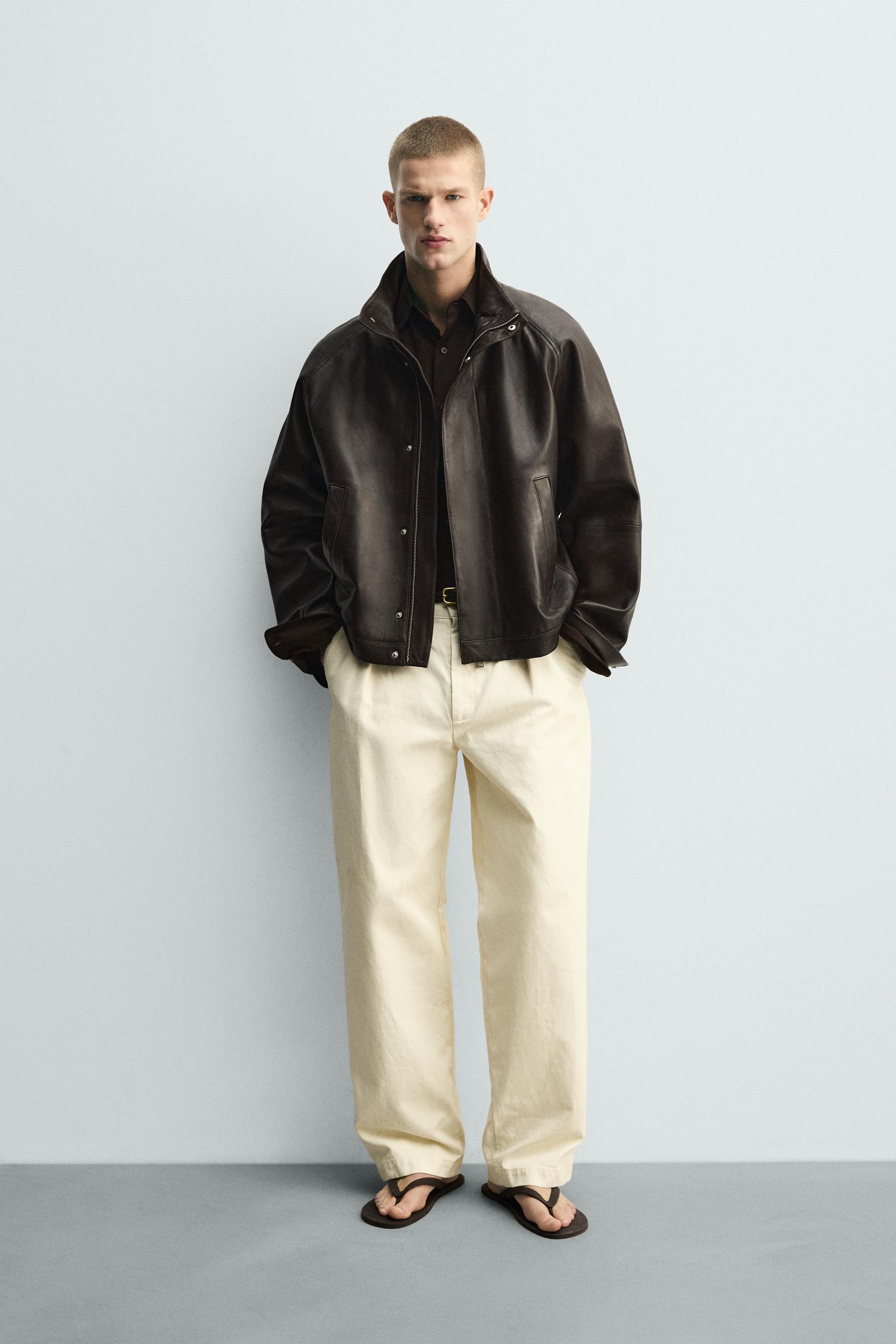 JAQUETA BOMBER DE COURO - Chocolate | ZARA Brasil
