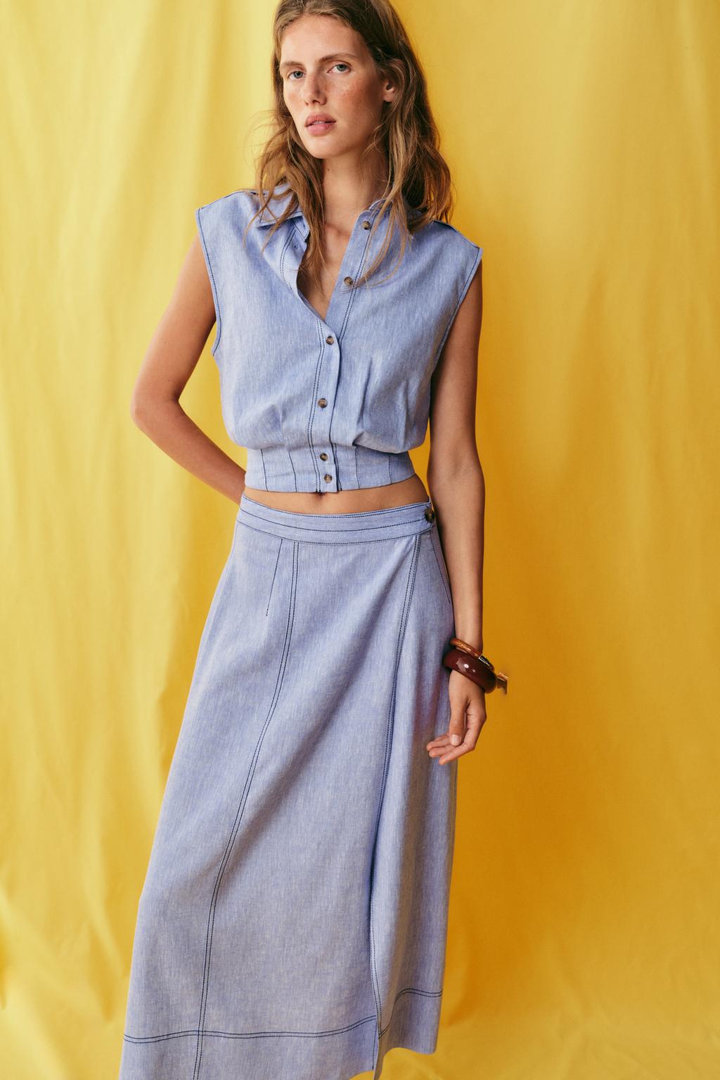 LINEN BLEND WRAP SKIRT WITH TOPSTITCHING