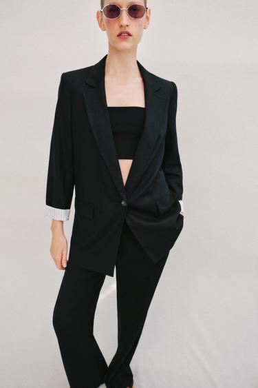 BLAZER WITH LINEN ROLLED-UP SLEEVES - Black by Zara