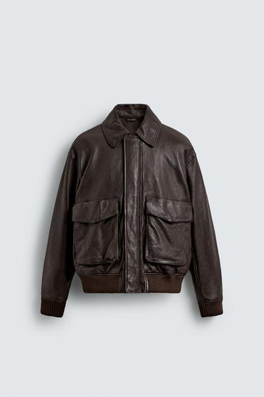 LEATHER JACKET WITH POCKETS - Brown by Zara