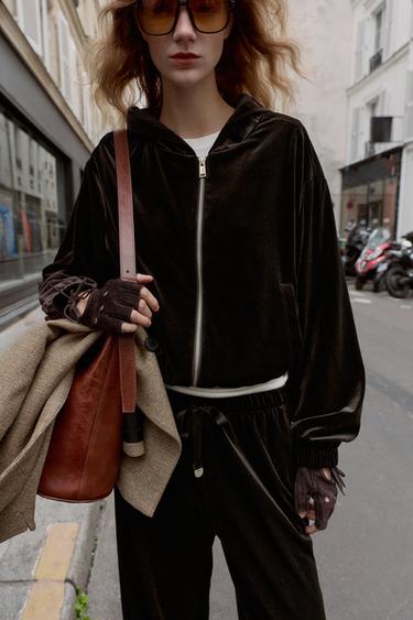 Zara VELVET HOODIE JACKET - Dark brown
