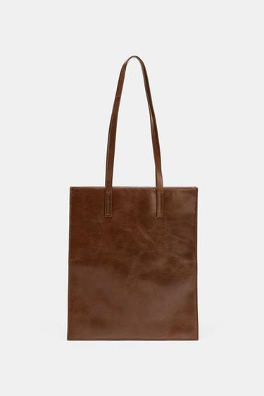 LEATHER SHOULDER TOTE BAG - Chocolate by Zara