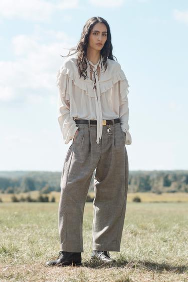 Zara LIMITED EDITION PLAID BALLOON PANTS WITH WOOL - Ecru / Black