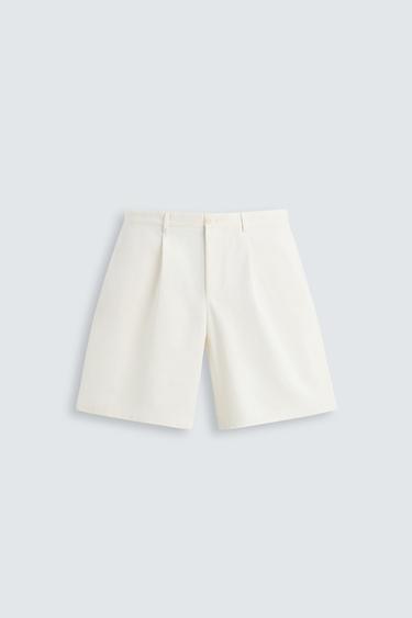 COTTON-LINEN PLEATED BERMUDA SHORTS - White by Zara