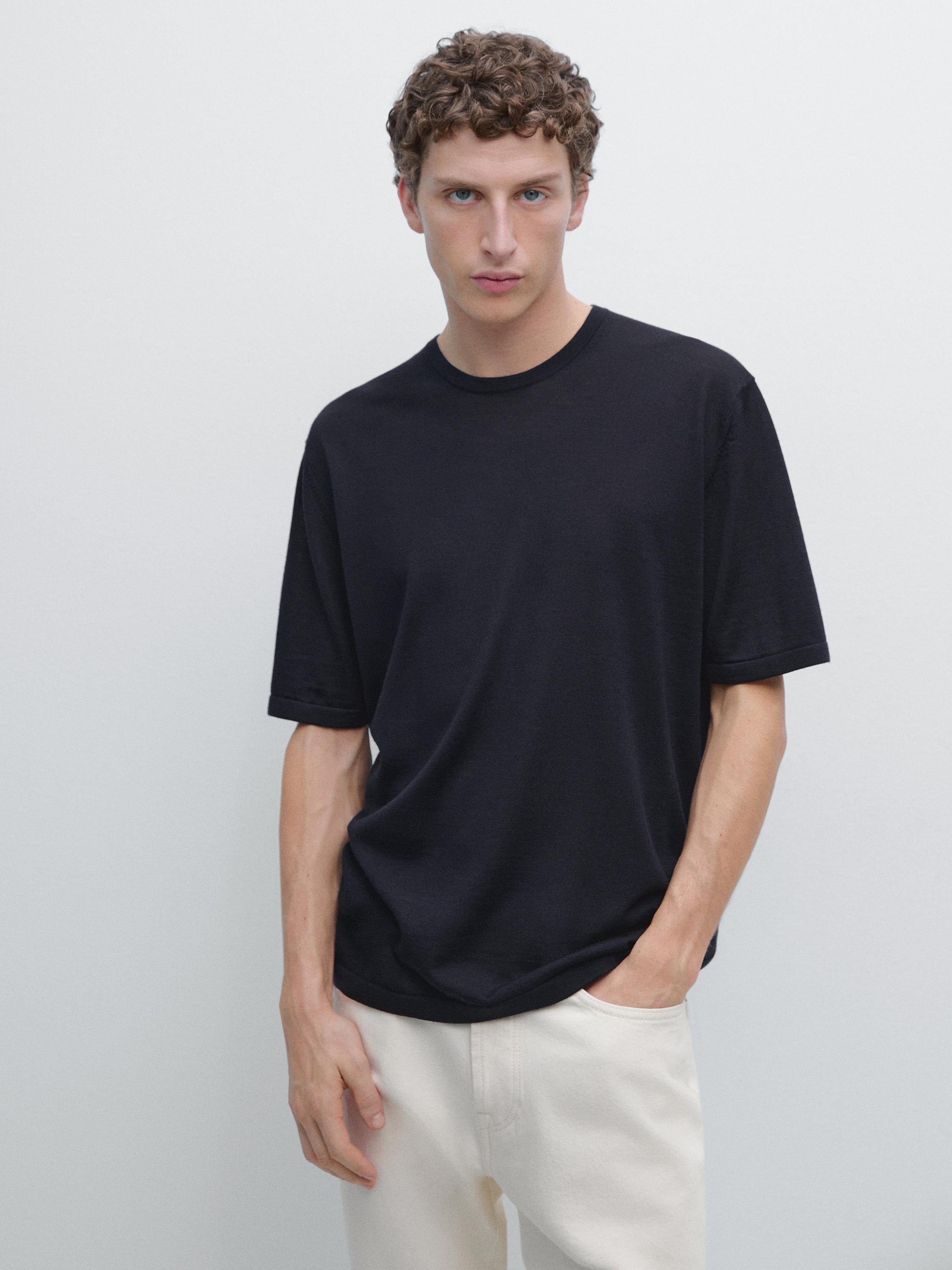 Wool-blend short-sleeve knit sweater — Navy blue