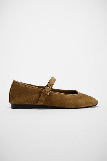 Zara SUEDE BALLET FLATS - Dark tan